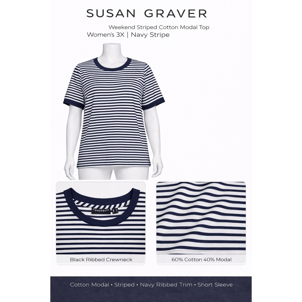 Susan Graver Weekend Womens 3X Navy Striped Cotton Modal Top A289415 NWT